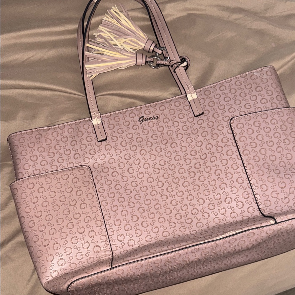 GUESS Light Pink Monogram Tote with Tassel Charm